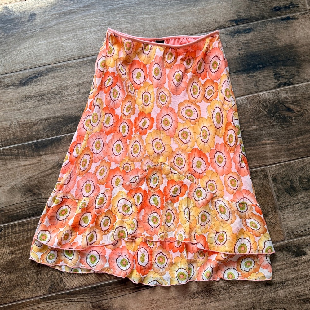 Wrapper Vintage Y2K Womens Floral Ruffle Hem Midi Skirt,Orange Pink,L